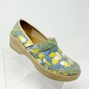 Dansko Blue and Yellow Hawaiian Floral Canvas Fabric Clogs Size 37